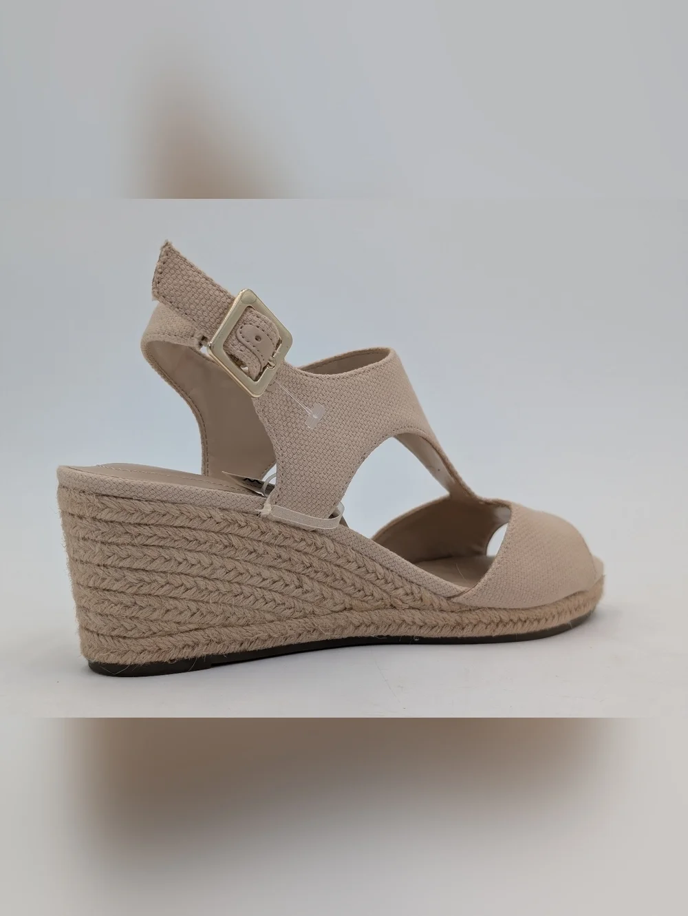 NWT Bandolino Sz 8 Neutral Tan Espadrille Wedge Gold Color Buckle Ankle Straps